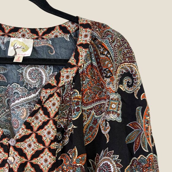 Fig & Flower Boho Pattern 3/4 Sleeve Quarter Button Puffed Sleeve Blouse Size L - Picture 5 of 10
